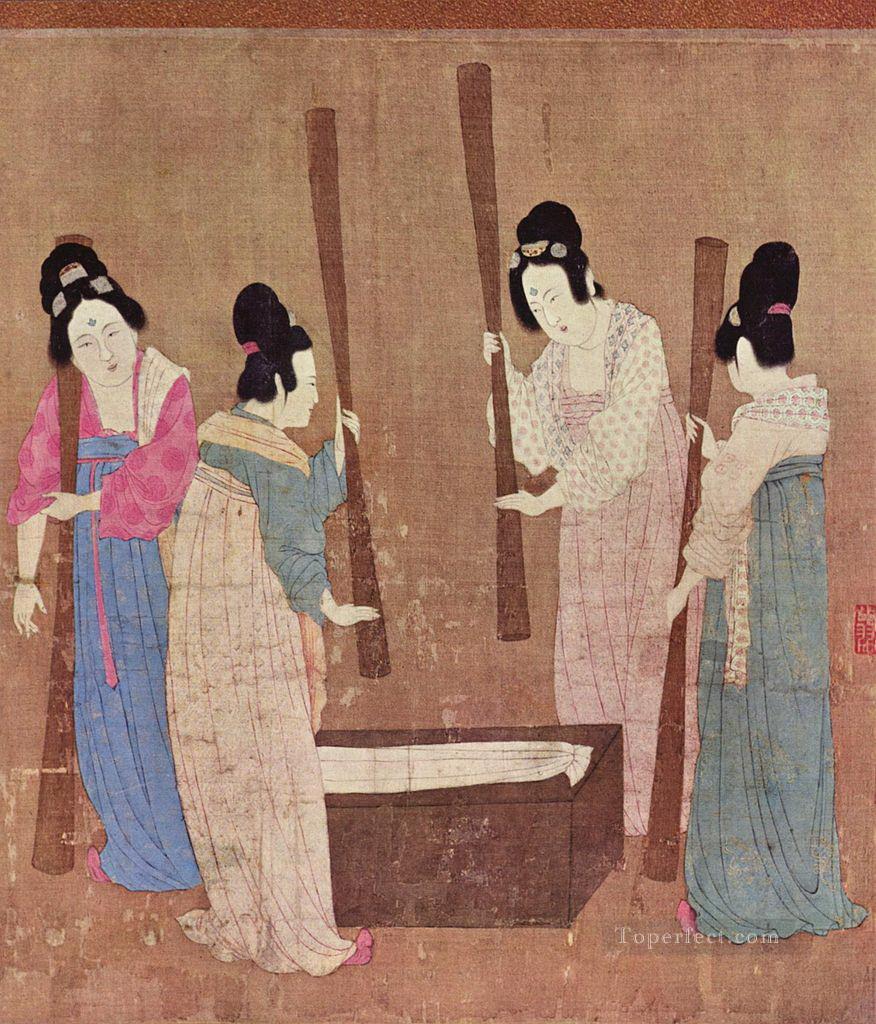 women preparing silk after zhang xuan 1100 old China ink Oil Paintings
